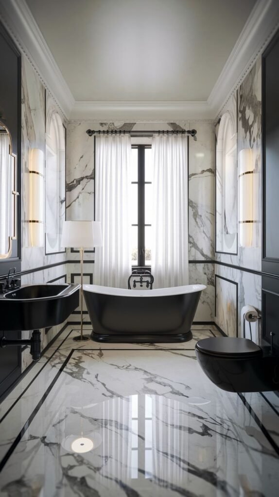 
Luxury bathroom with a black freestanding tub in front of a window, black toilet, black sink, and large marble tiles on the floor and walls.