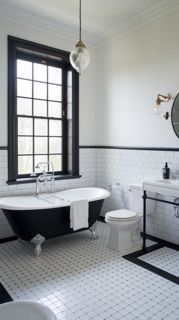 Luxury bathroom with a black clawfoot tub beneath a large window, a white toilet, and a white pedestal sink. The floor has small white tiles with black accents, and the walls have white subway tiles.