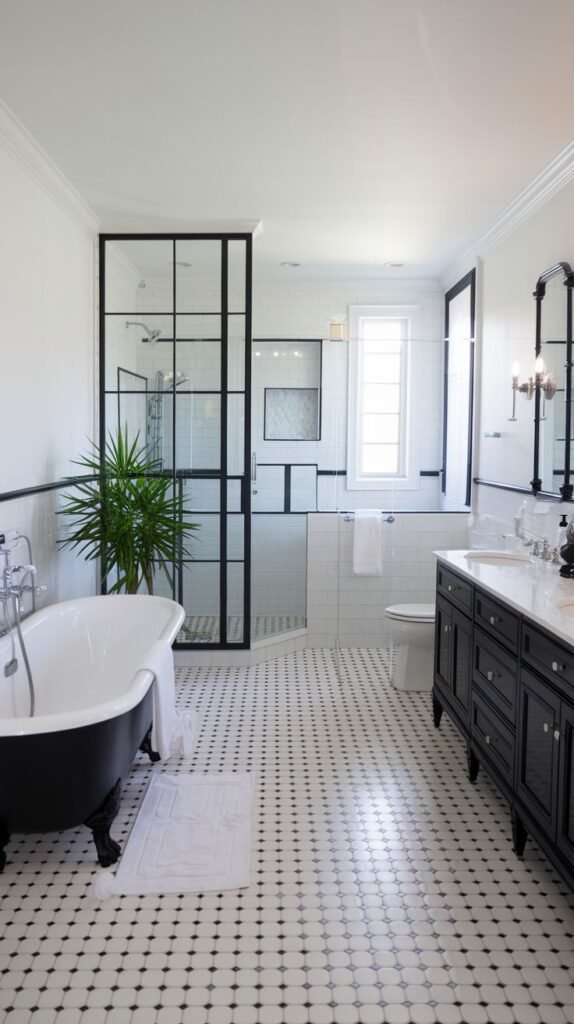 Luxury bathroom with a black clawfoot tub, a shower with a black-framed glass enclosure, a white toilet, and a dark wood vanity with a white sink. The floor is tiled with small white tiles and black accents, and the walls are primarily white.