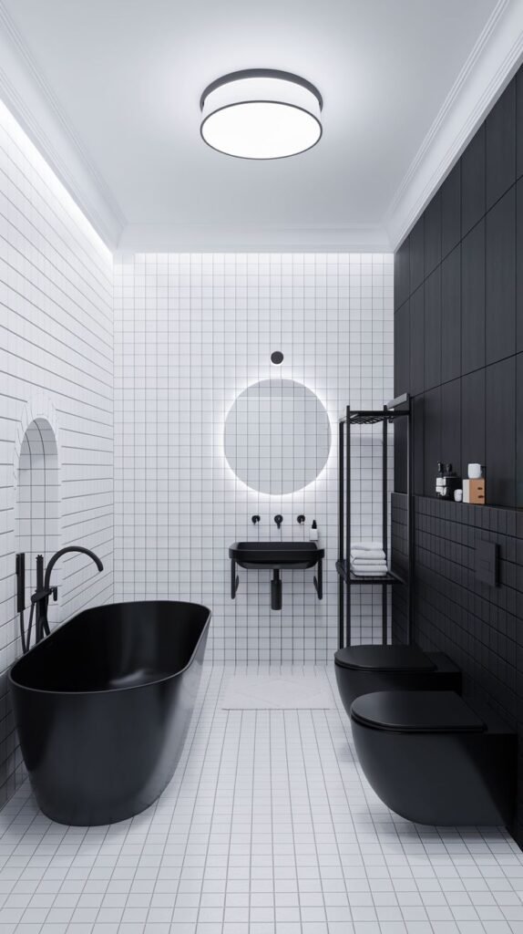 Luxury modern bathroom with a black freestanding tub, two black toilets, and a circular lighted mirror above a black wall-mounted sink, set against white grid tiles on the walls and floor.