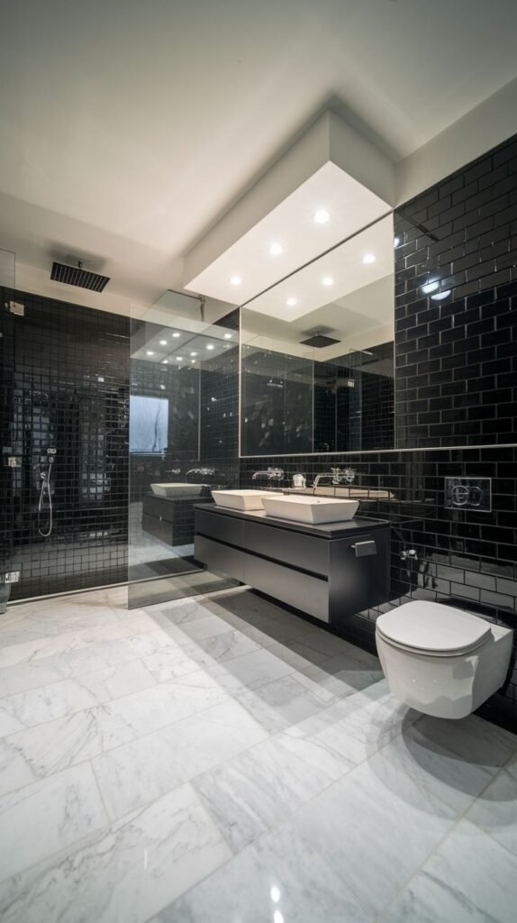 Luxury bathroom with a spacious shower featuring black subway tiles, a large mirrored area above dual sinks on a dark vanity, and a white toilet, all set against a white marble floor.