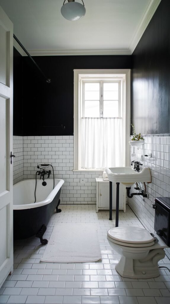 Luxury bathroom with a black clawfoot tub, a white pedestal sink, and a white toilet, featuring white subway tiles on the lower walls and black paint on the upper walls.
