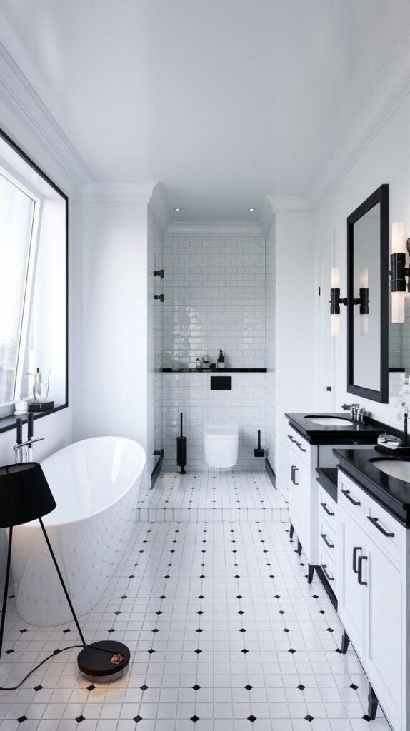 Luxury spacious bathroom with a white freestanding tub by a large window, a white toilet, and dual white vanities with black countertops and sinks. The floor has small white tiles with black accents, and the back wall features white subway tiles.