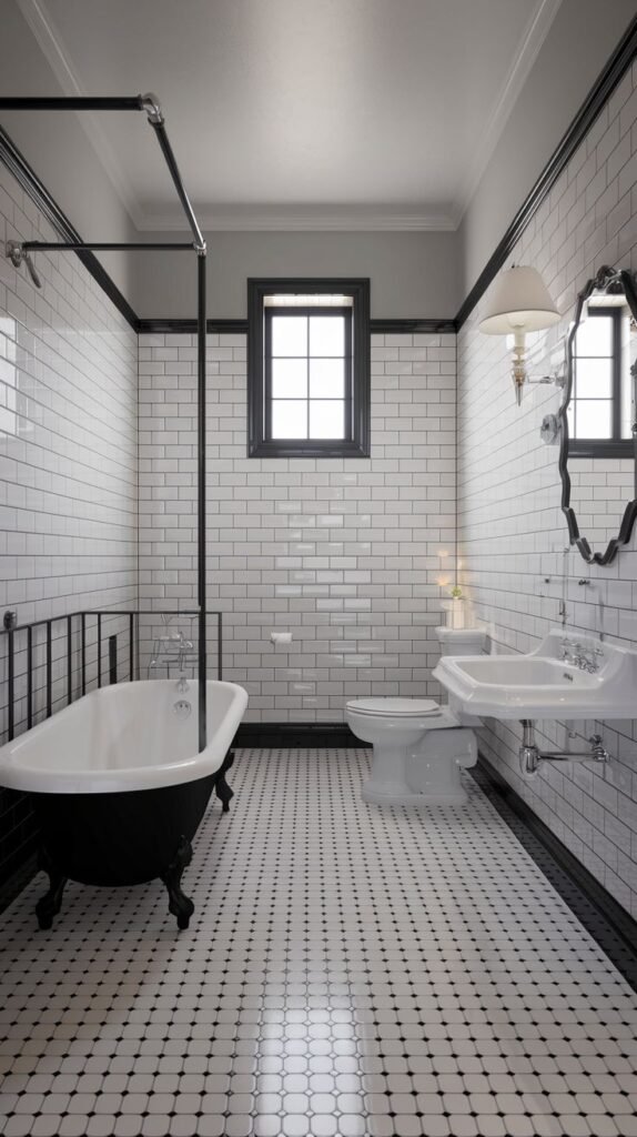 Luxury bathroom with a black clawfoot tub with shower fixtures, a white toilet, and a white pedestal sink, set against white subway tile walls and a floor with small white tiles and black accents.