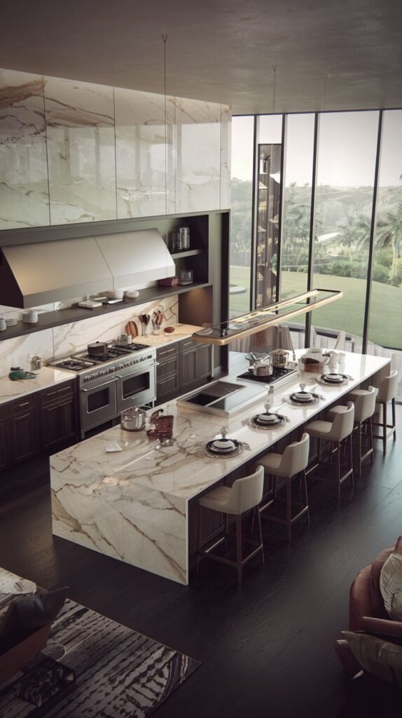 Luxury modern kitchen in a mansion with an expansive island featuring marble and seating, tall windows, and sophisticated lighting.