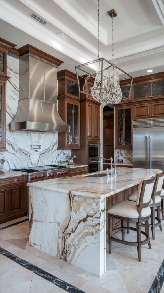 Luxury kitchen in a mansion with dark wood cabinets, a large stainless steel range hood, a marble island with a waterfall edge, and striking pendant lights.