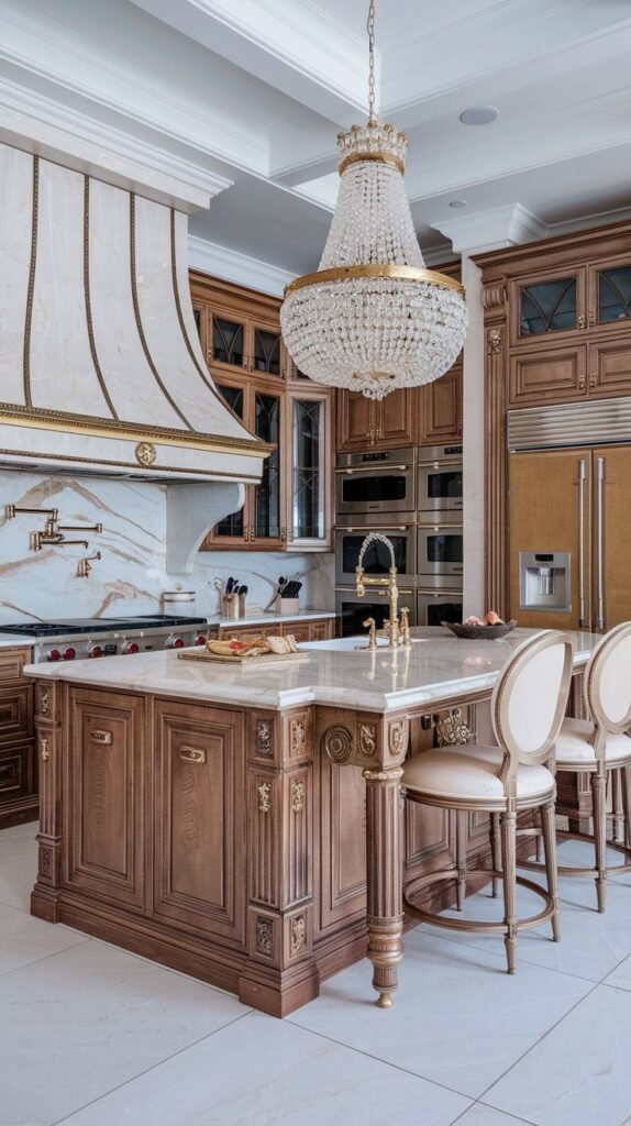 Luxurious kitchen in a mansion with detailed wood cabinets, a large crystal chandelier over a marble island, and a decorative range hood.