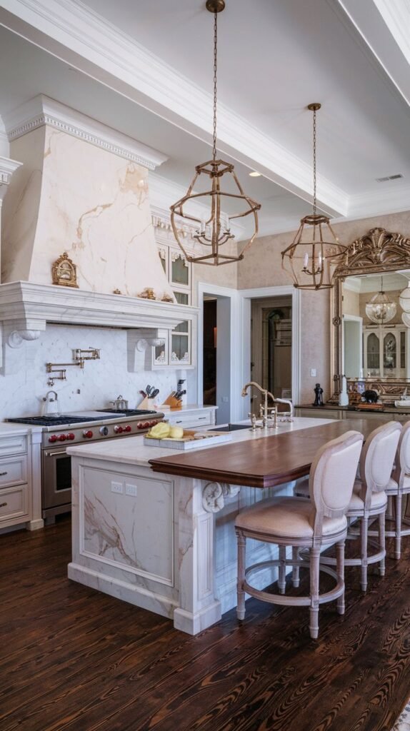 Luxury kitchen in a mansion with light wood cabinets, a large island with a wood countertop seating area, a decorative range hood, and ornate light fixtures.