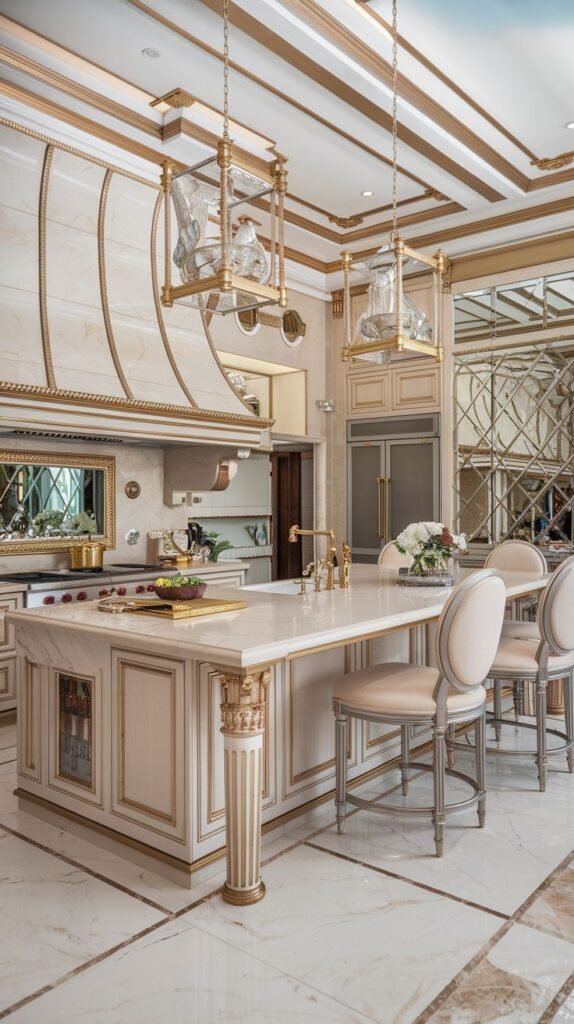 High-end luxury kitchen in a mansion with white cabinets, gold trim, a marble island, elaborate hanging lights, and mirrored features.
