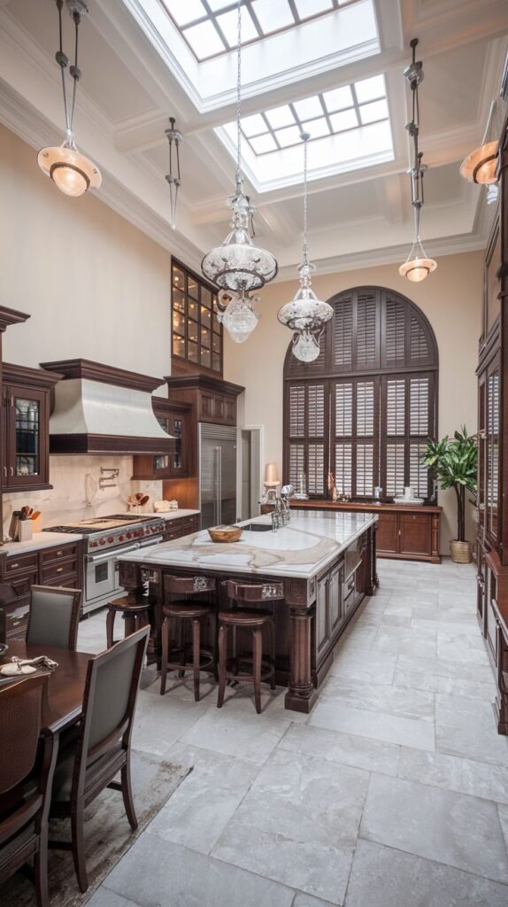 Bright luxury kitchen in a mansion with dark wood cabinets, a large skylight, a significant arched window with shutters, and multiple pendant lights over a large island.