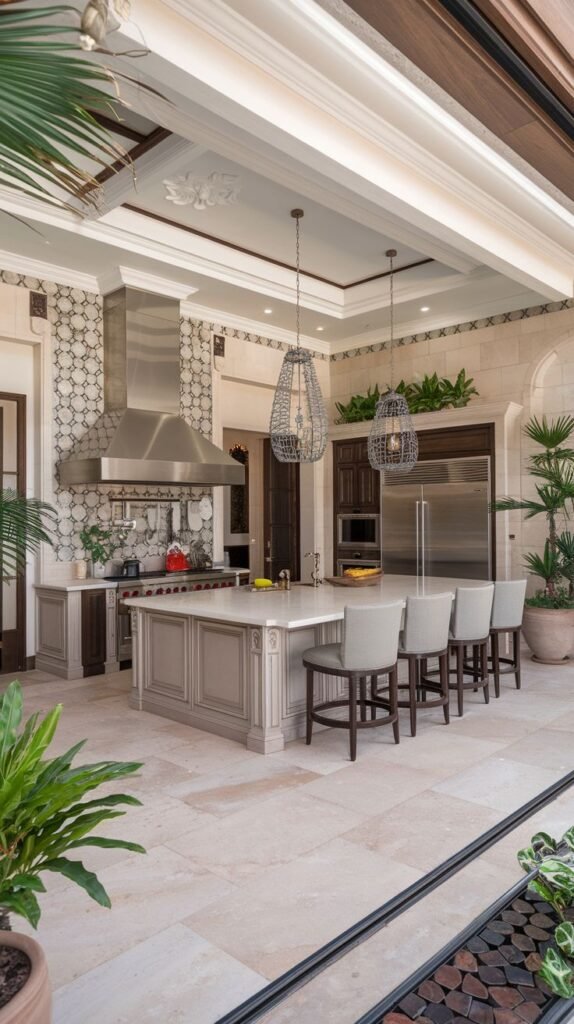 Outdoor luxury kitchen area in a mansion with light-colored cabinets, a large stainless steel range hood, ample seating at an island, and surrounding greenery.