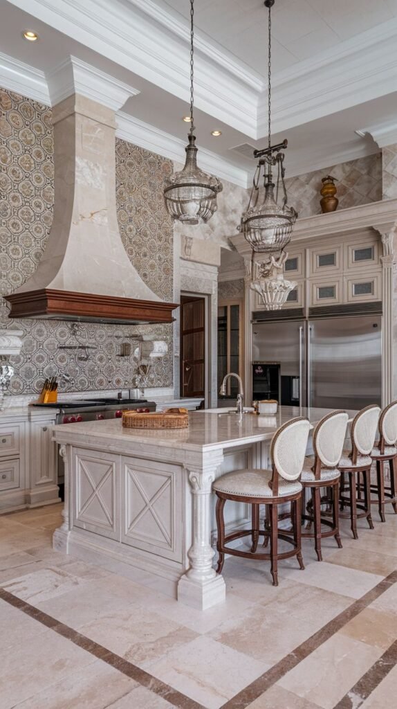 Ornate luxury kitchen in a mansion with intricately tiled backsplash, a carved range hood, a large island with decorative elements, and elegant light fixtures.