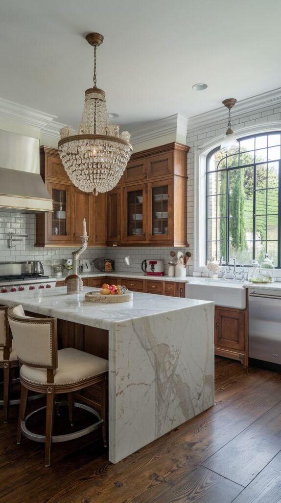 Classic luxury kitchen in a mansion with wood cabinets, subway tile backsplash, a large marble island with a waterfall edge, and a chandelier.