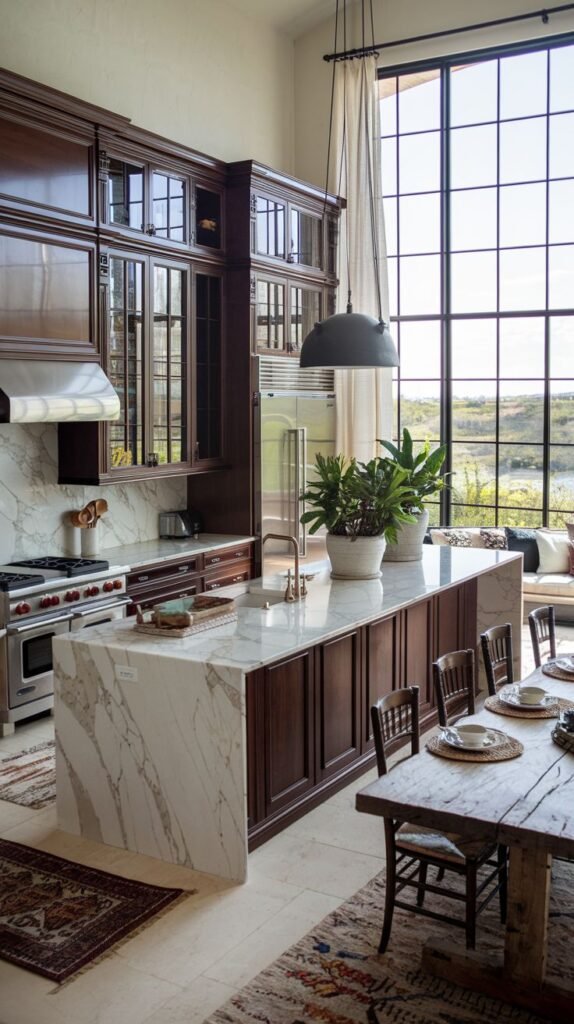 Modern luxury kitchen in a mansion with tall dark wood cabinets, a large marble island, and a floor-to-ceiling window with an expansive view.