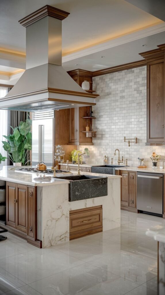 Luxury traditional kitchen in a mansion showcasing a marble island with a sink, wood cabinets, subway tile backsplash, and a large range hood.