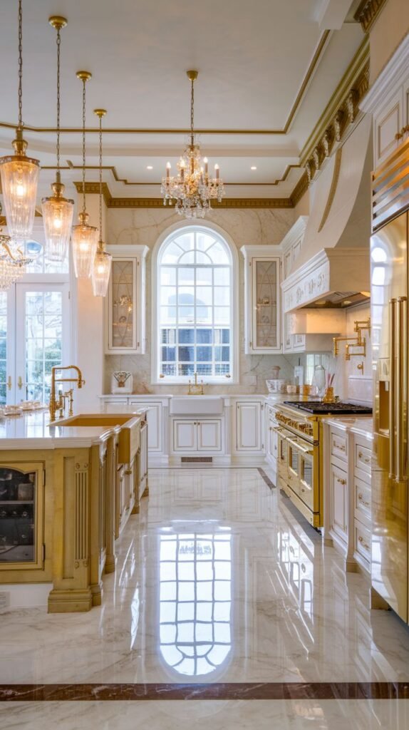 Extravagant luxury kitchen in a mansion with white and gold details, a large arched window, marble flooring, and elaborate lighting fixtures.