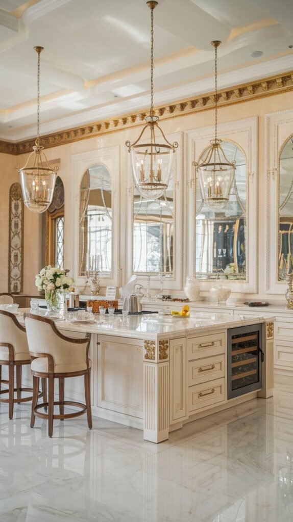 Sumptuous luxury kitchen in a mansion featuring white cabinets with gold trim, a large marble island with integrated wine storage, mirrors, and ornate light fixtures.