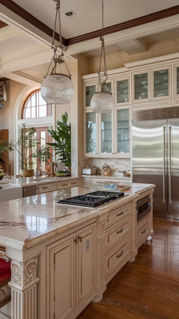 Bright luxury kitchen in a mansion with light-colored cabinets, a marble island with a cooktop and seating, stainless steel appliances, and large glass pendant lights.