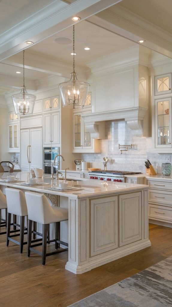 Refined luxury kitchen in a mansion with white cabinets, a subtle tiled backsplash, a large island with seating, and elegant pendant lights.