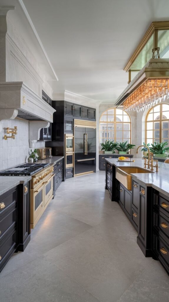 Sophisticated luxury kitchen in a mansion with black cabinets, gold hardware, a large island with a gold sink, and a lavish crystal chandelier over the island.