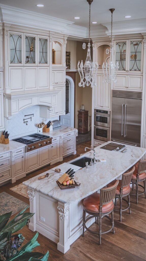 Spacious luxury kitchen in a mansion with off-white cabinets, glass display areas, chandeliers, and a large marble island with seating.