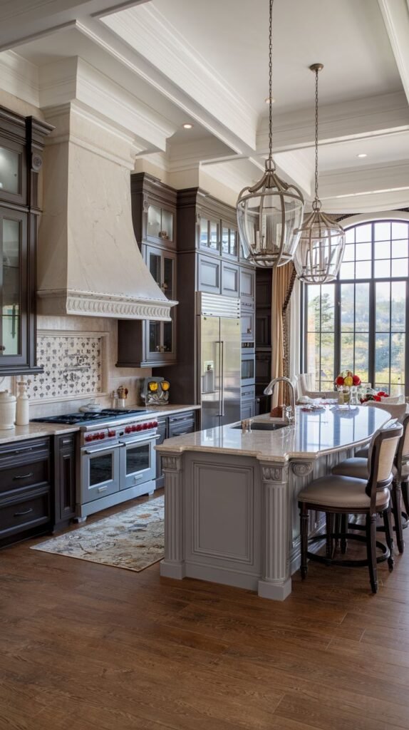 Luxury kitchen in a mansion with a large island, dark cabinets, and ornate light fixtures.