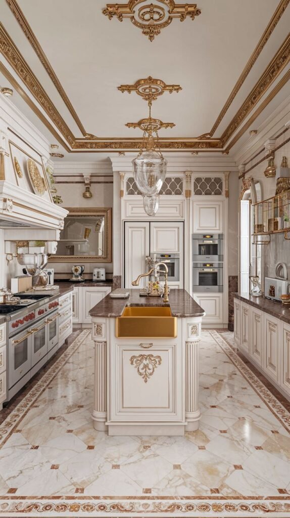 Opulent luxury kitchen in a mansion with elaborate gold detailing on white cabinets, ceiling, and range hood, featuring a central island with a gold sink.