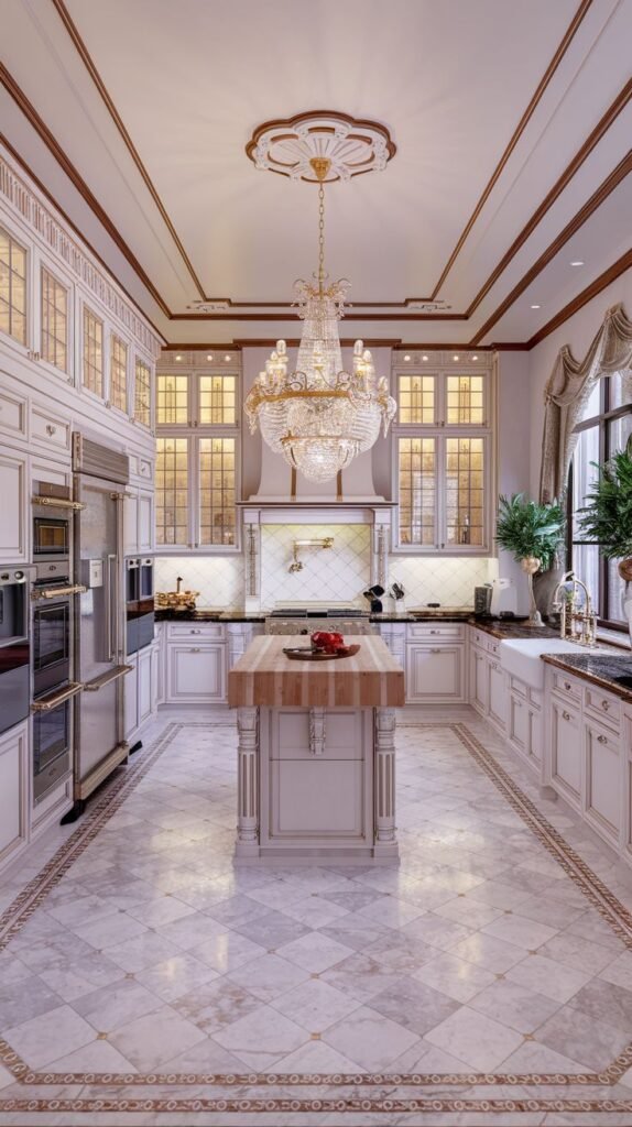 Elegant luxury kitchen in a mansion with white cabinets, glass inserts, a large crystal chandelier, and a central island with a wood top.