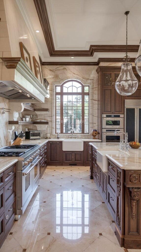Spacious luxury kitchen in a mansion with dark wood cabinets, marble countertops and backsplash, a large arched window, and two islands with sinks.