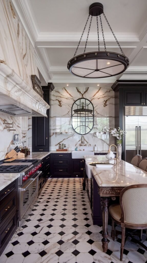 Striking luxury kitchen in a mansion with black cabinets, dramatic marble backsplash, a large round light fixture, and a patterned floor.