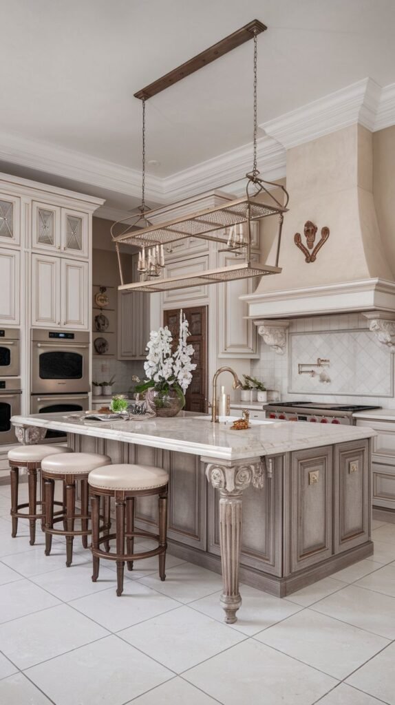 Chic luxury kitchen in a mansion with a large island featuring decorative legs and seating, an ornate range hood, and stylish hanging lights.