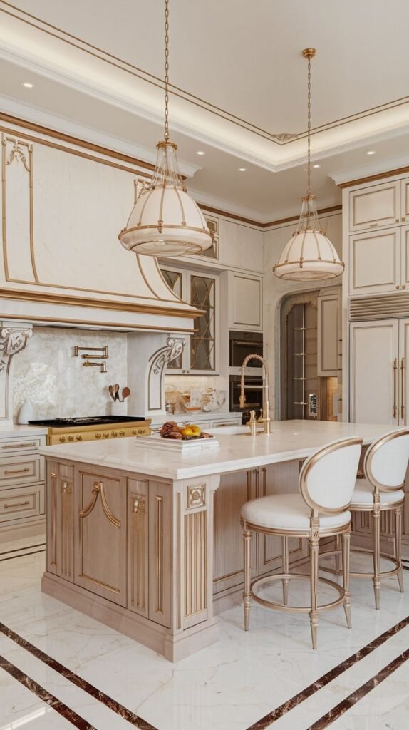 Luxury kitchen in a mansion featuring warm-toned cabinets with gold trim, a marble island with seating, and sophisticated lighting fixtures.