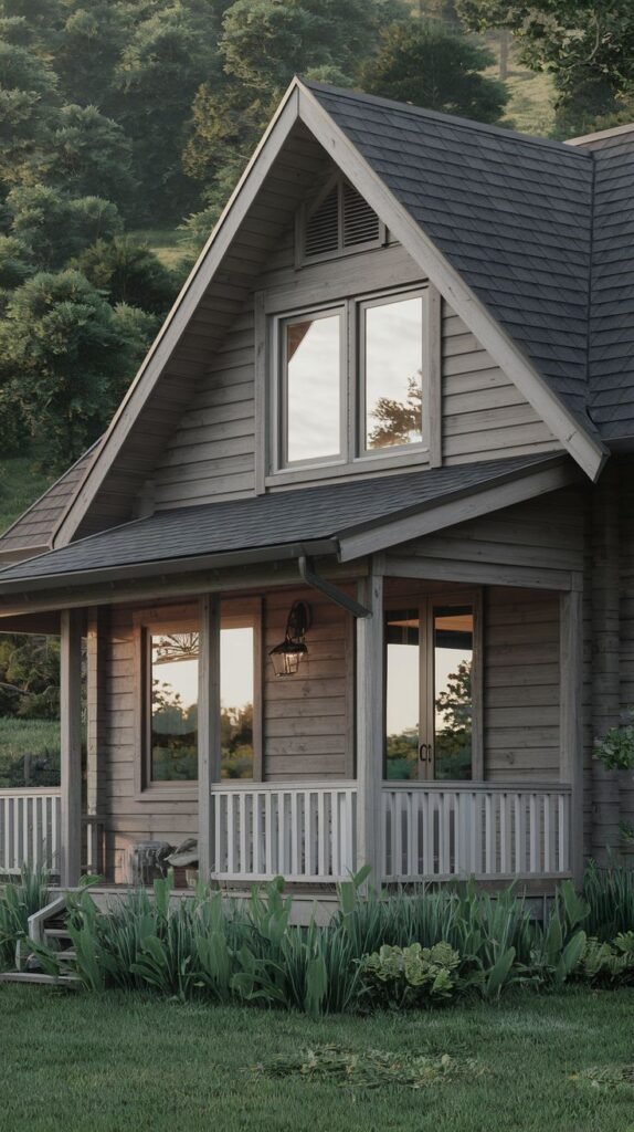 A wooden cottage with dark siding and a prominent gable roof. The image shows the second-story windows and a front porch with a railing. Tall trees are in the background.
