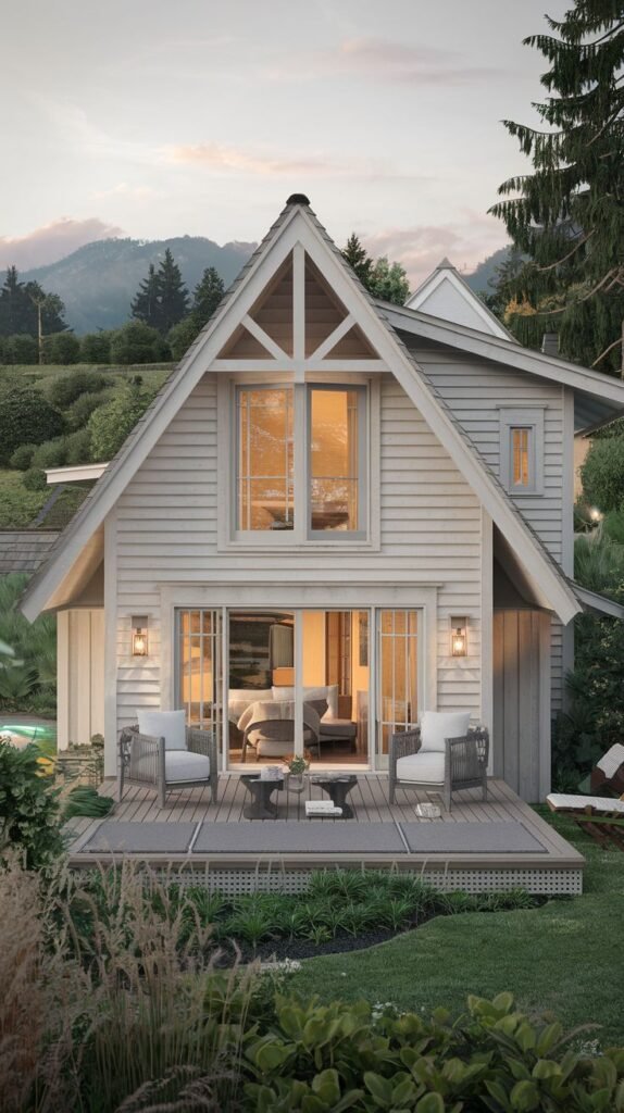 A bright white modern cottage with a steep gable roof and large glass sliding doors opening onto a deck. The deck has comfortable outdoor furniture, set against a backdrop of rolling hills.