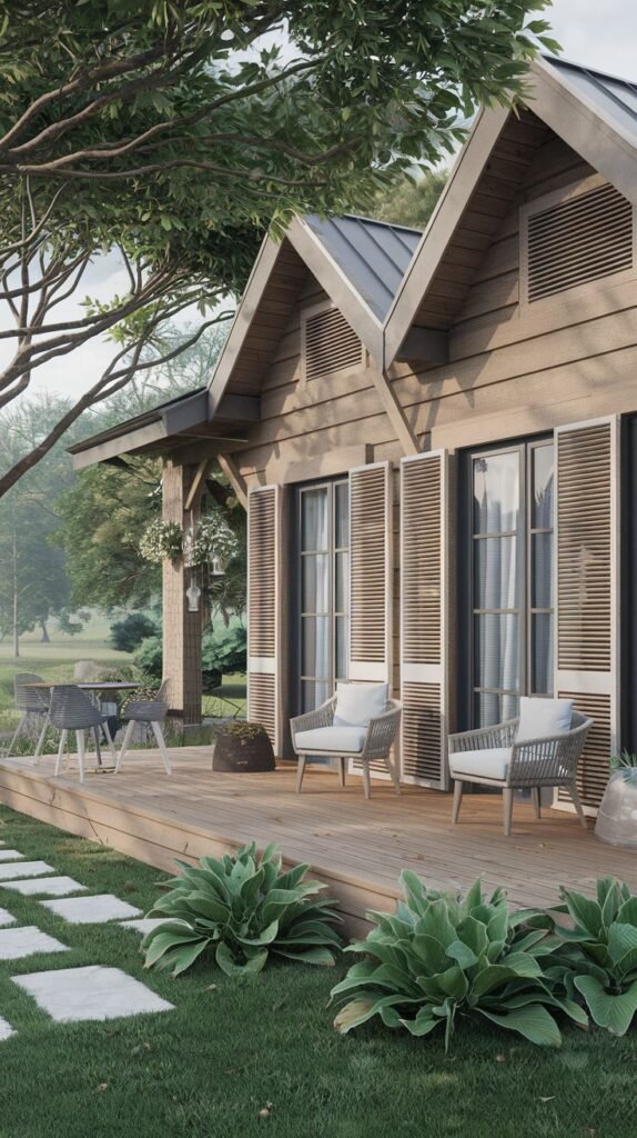 A wood sided cottage with light brown siding and a dark grey roof, featuring distinct double gables. A wooden deck is across the front with outdoor seating and a stepping stone path.
