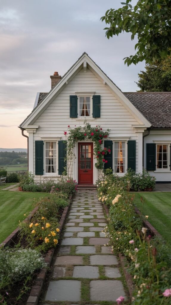 A white cottage with a red front door adorned with climbing red roses. Dark green shutters frame the windows, and a stone path is bordered by beds of yellow and pink roses.