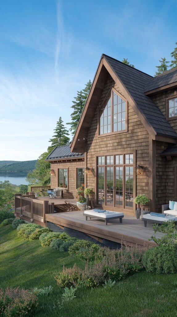 A large house with wood shake siding and a dark roof, designed as a modern cottage retreat overlooking a lake. It has an extensive wooden deck and large windows providing views of the water.