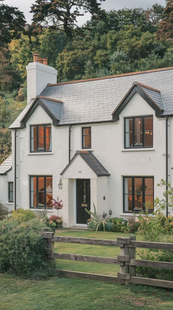 A white stucco cottage with a grey roof and black window frames. The entryway has a small covered porch and a black door.