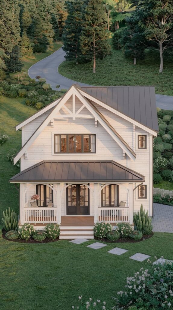 A tall white modern cottage with a steep roof and a covered front porch featuring arched openings. Steps lead up to the porch and front door.