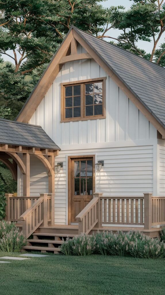 A white wood-sided cottage with a grey roof and a covered entrance supported by wooden beams. Steps and a railing lead to the door, with lantern-style light fixtures beside it.