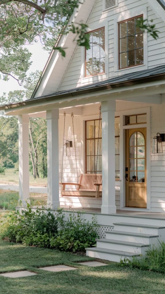 A white cottage with a covered porch and a white railing. A wooden swing hangs from the porch ceiling.
