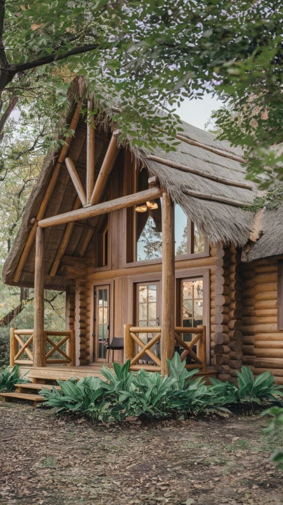 A rustic log cabin cottage with a distinctive thatched roof. It features a wooden porch with a unique railing and large windows and glass doors.