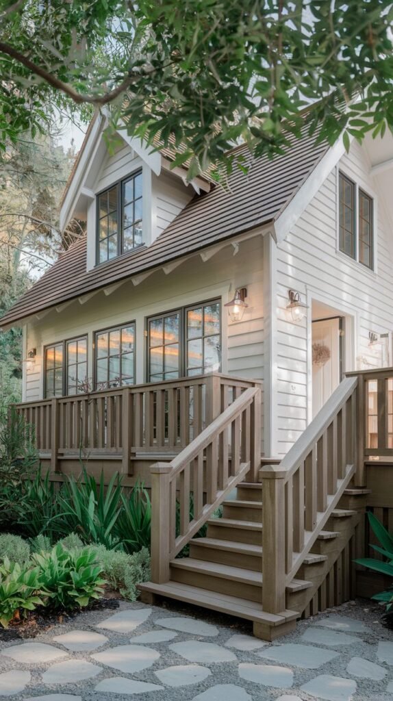 A bright white wood-sided modern cottage featuring a large raised wooden deck with a railing. Large windows reflect the sunset, and a decorative stone path leads to the entrance.