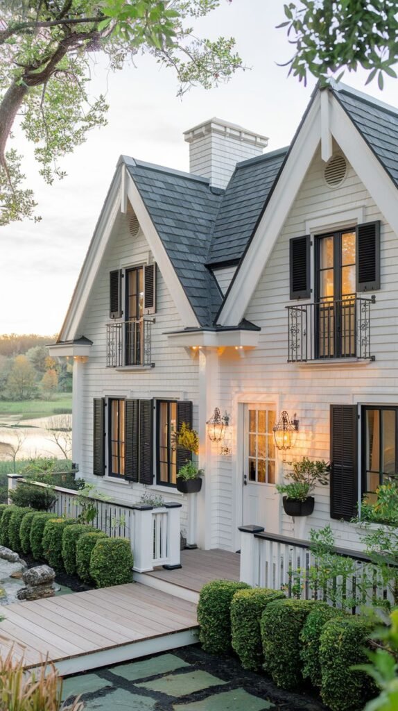 A bright white modern cottage with a dark roof and multiple gables. Black shutters are on the windows, and decorative iron railings are on upper-level balconies.