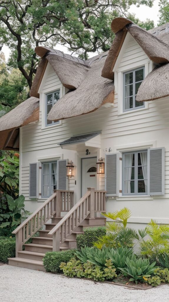 A white cottage featuring a distinctive thatched roof with curved dormer windows. Light blue shutters frame the windows, and wooden steps lead up to the front door.