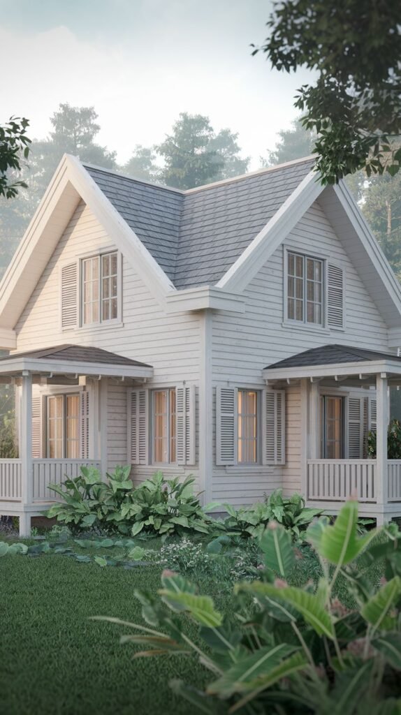 A white wood sided cottage with a grey roof and a covered porch extending around the front. It has a white railing and columns supporting the porch roof.