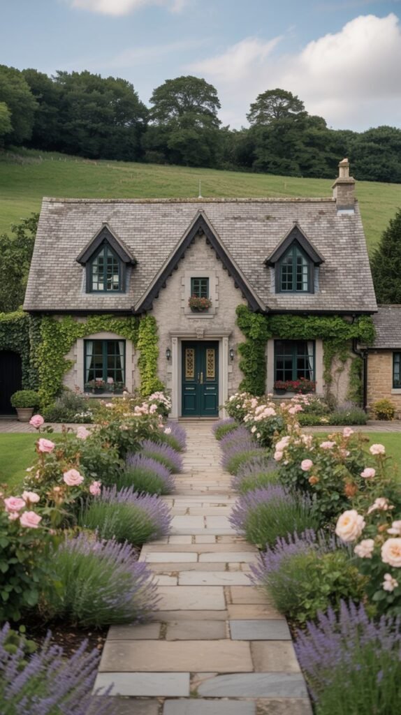 A stone cottage with a grey roof and a dark green front door. Green shutters are on the windows, and a stone path is bordered by vibrant purple lavender plants and pink roses.