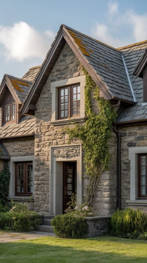 A stone cottage with a grey roof and multiple gables. Brown trim is around the windows and doors, and intricate carving details are above the main entrance.