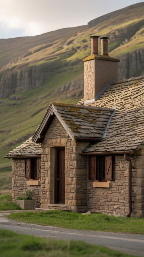A stone cottage with a textured roof and two chimneys, set against a grassy hillside. The simple wooden door and windows with dark shutters add to its rustic charm.