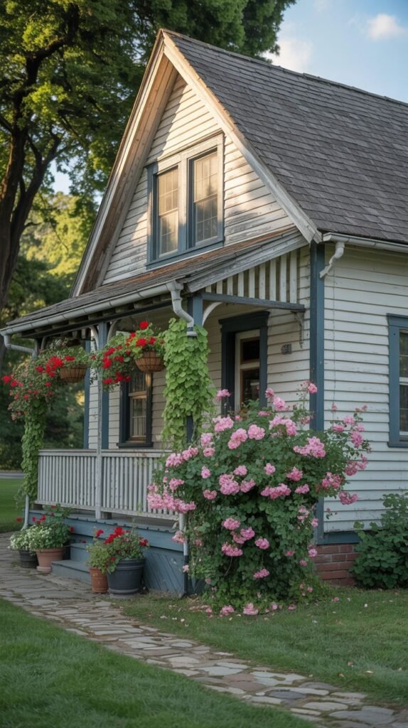 A charming white cottage with blue trim and a covered front porch adorned with hanging baskets and pots of red flowers. A pink rose bush blooms next to the porch.
